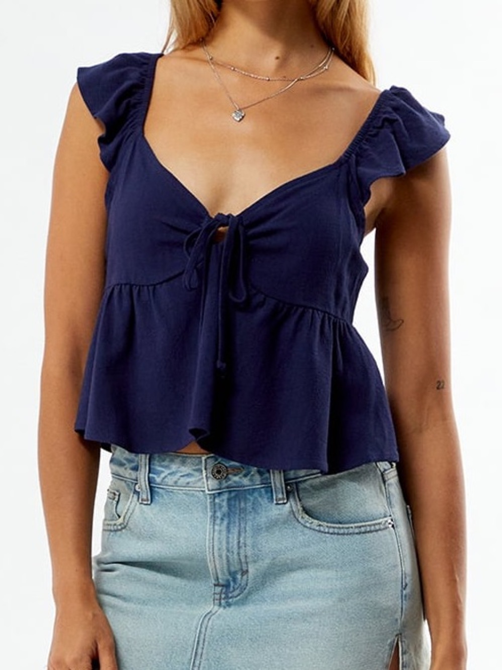 LA Hearts Navy Blue Peplum Tie Front Top Size Small